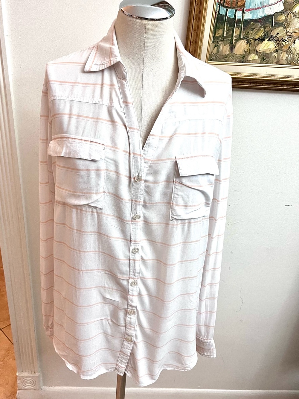 New York & Company White and Light Pink Striped Button-Down Shirt